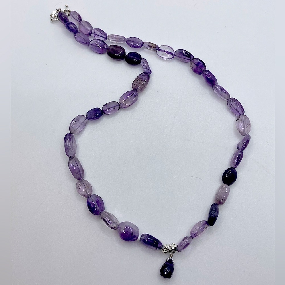 NATURAL Amethyst Stone Bead Knotted Necklace w Sterling Silver Clasp 17”
